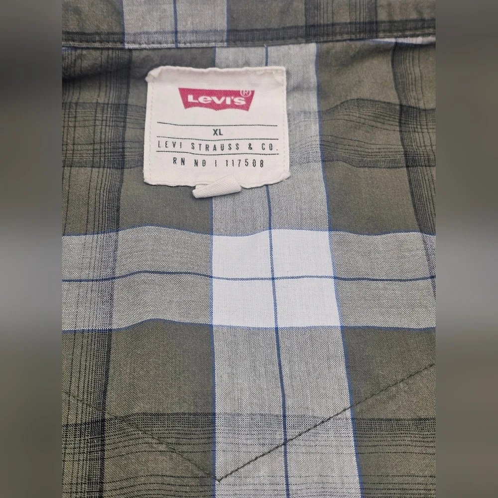 LEVI'S plaid cotton blend short sleeve button front‎ shirt men's Grn and Wht XL